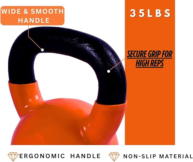 BESEA Orange Vinyl Coated Kettlebell 20~45LBS, Wide Grip Handle, Stable Flat Base, Strength Training, Durable kettle bells