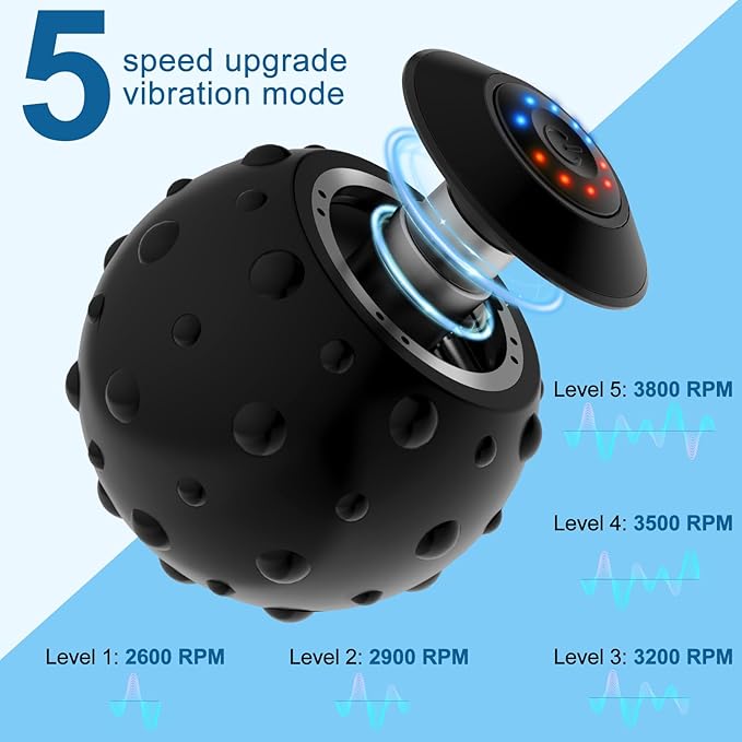 Vibrating Massage Ball 5-Speed，Next Generation Vibrating Ball Physical Therapy for Muscle Massage and Myofascial Trigger Point Release ，Relieves Muscle Pain & Tightness, Improves Mobility & Circula