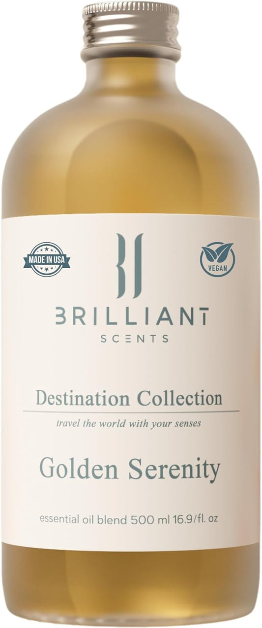Golden Serenity Fragrance Oil 500ml - Premium Diffuser Oil for Home, Office, Hotels - Long Lasting, Plant-Based, Meets IFRA Standards, USA-Made - Mandarin, Tea Rose, Musk