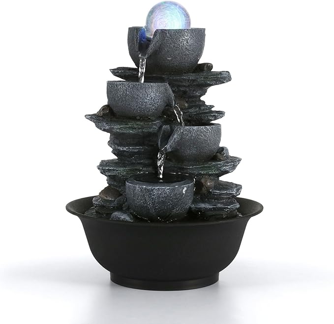 Dyna-Living Tabletop Water Fountain Indoor Waterfalls Fountains with Colored LED Light Decorative Tabletop Fountain with Automatic Pump