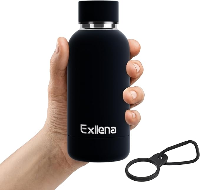 Small Water Bottle 12oz with Clip, Double Wall Stainless Steel Vacuum Small Insulated Water Bottle Keeps Drinks Cold 24 Hrs/Hot 12 Hrs for Kids Handbag School BPA Free (Black)