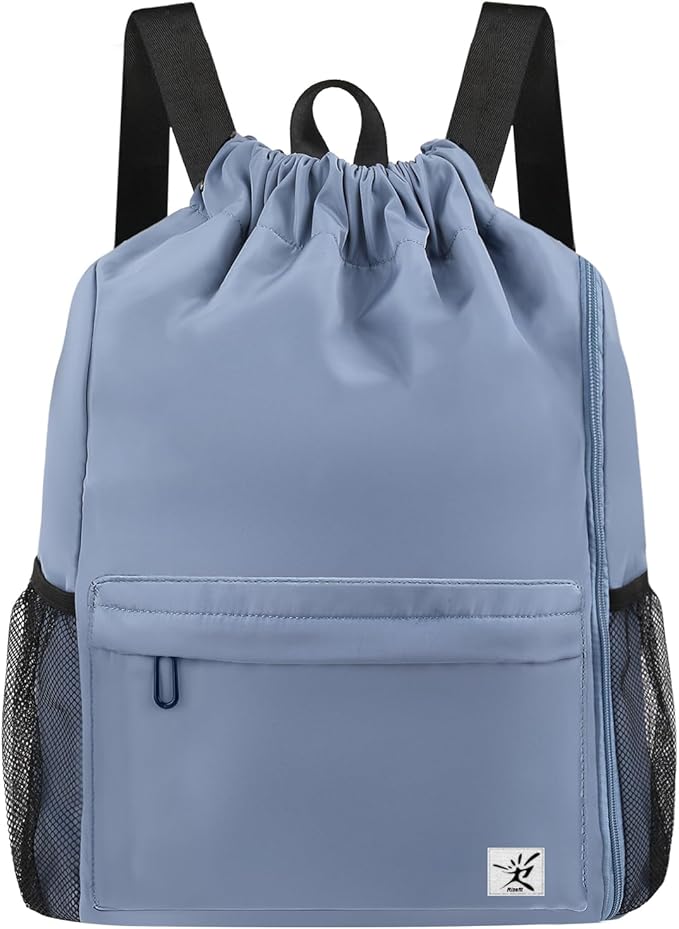 Drawstring Backpack with Mesh Pockets String Gym Bag Sackpack Sandproof Water Resistant Beach Backpack for Men Women