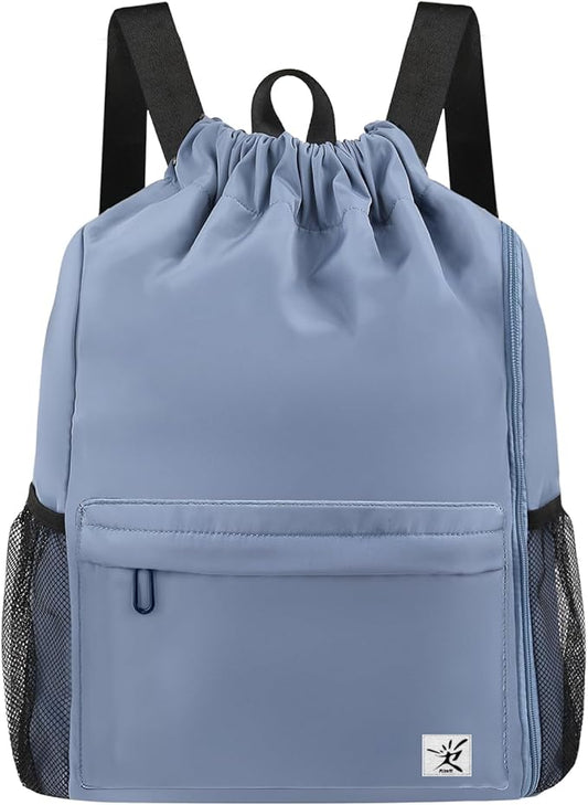 Drawstring Backpack with Mesh Pockets String Gym Bag Sackpack Sandproof Water Resistant Beach Backpack for Men Women