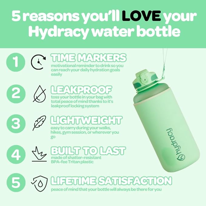 Hydracy Water Bottle with Time Marker -Large BPA Free Water Bottle & No Sweat Sleeve -Leak Proof Gym Bottle with Fruit Infuser Strainer & Times to Drink -Ideal for Fitness Sports & Outdoors