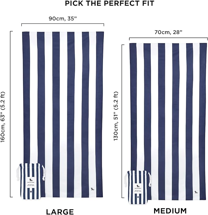 Dock & Bay Beach Towel - Quick Dry, Sand Free - Compact, Lightweight - 100% Recycled - Includes Bag - Cabana - Whitsunday Blue, Medium (130x70cm, 51x27)