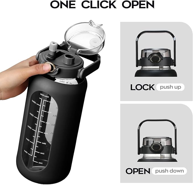74 oz Glass Water Bolttles with Straw Large Motivational Water Bottle with Time Marker Sports Water Bottles with Silicone Sleeve and Handle Lid 2.2L Water Jug for Gym Workout