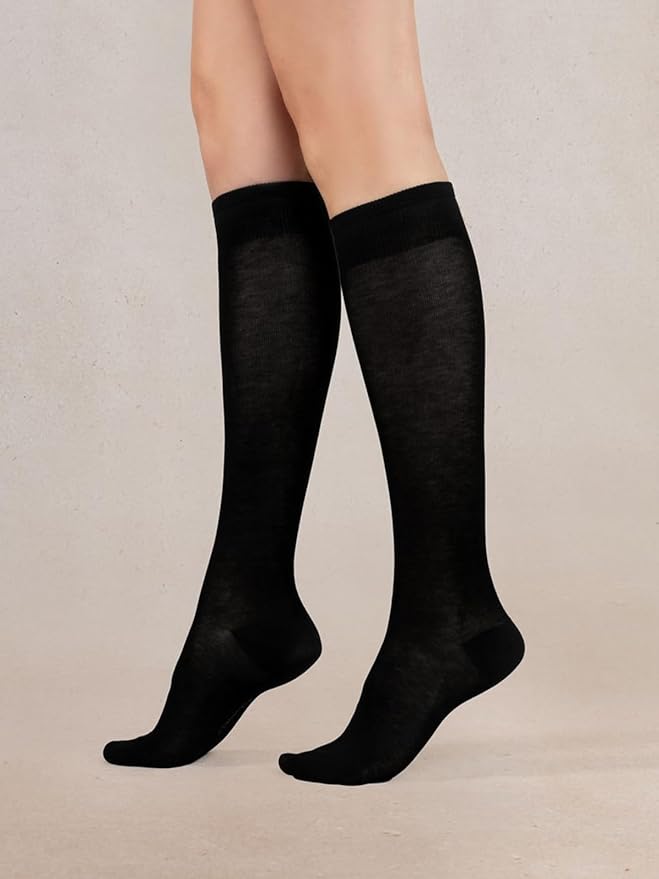 COTTON DAY Women's Soft Combed Cotton Knee High Long Calf Dress Socks Seamless Toe Black White Gray Navy Blue Brown