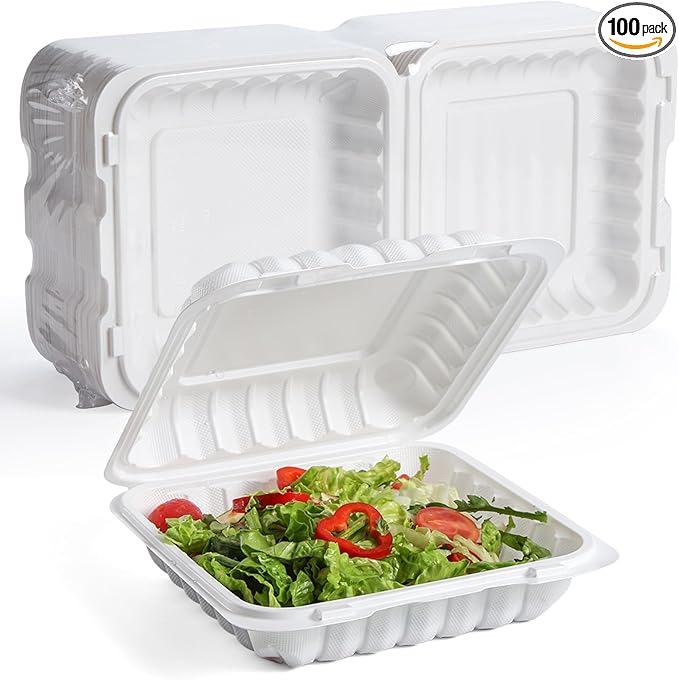 YANGRUI Food Containers 9 Inch 41 oz 100 Pack - Shrink Wrapped Sanitary | Mineral Filled BPA Free PP Plastic | Reusable Heavy Duty Freezer & Microwave Safe | Stackable Design Takeout Container