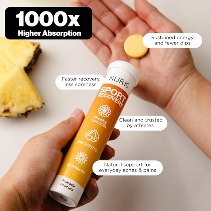 Kurk Sport Electrolyte Tablets – Hydration Support with Micellar Curcumin & Echinacea – Pineapple Flavor – 20 Effervescent Tabs (Pack of 1)