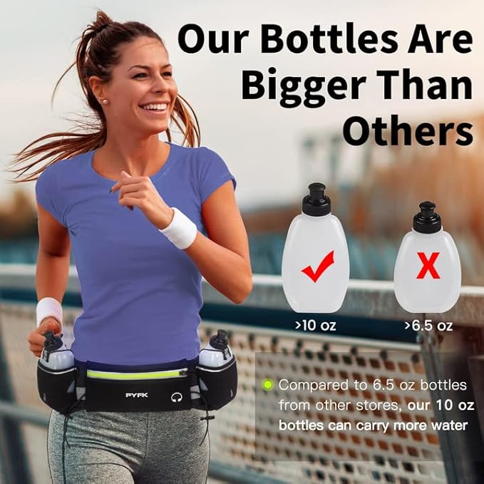 PYFK Running Belt with Water Bottles, Hydration Belt for Men and Women, Water Bottle Holder Running Pouch Water Belt, Fanny Pack Fits 7 inches Phones, Waist pack for Runner Jogging
