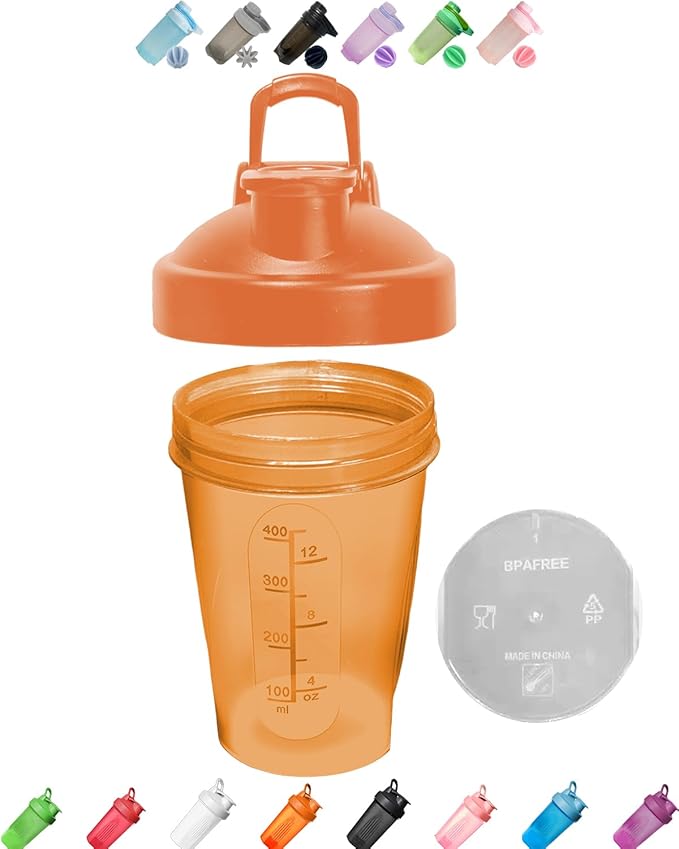 Shaker Bottle in Dark Orange(Other Color-Style Available) - A Small Cup Printed Scale Marks of 12 OZ & 400 ML,Stainless Whisk Ball,Leak Proof,BPA Free,Made of PP5,Dishwasher Safe,Easy to Clean