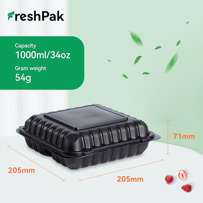 FRESHPAK Food Containers Mineral Filled PP 55 Pack - 8x8 34 oz Shrink Wrap BPA Free Plastic | Stackable Storage Clamshell Takeout Container | Reusable Microwave Safe | 3 Compartment Black Lunch Boxes