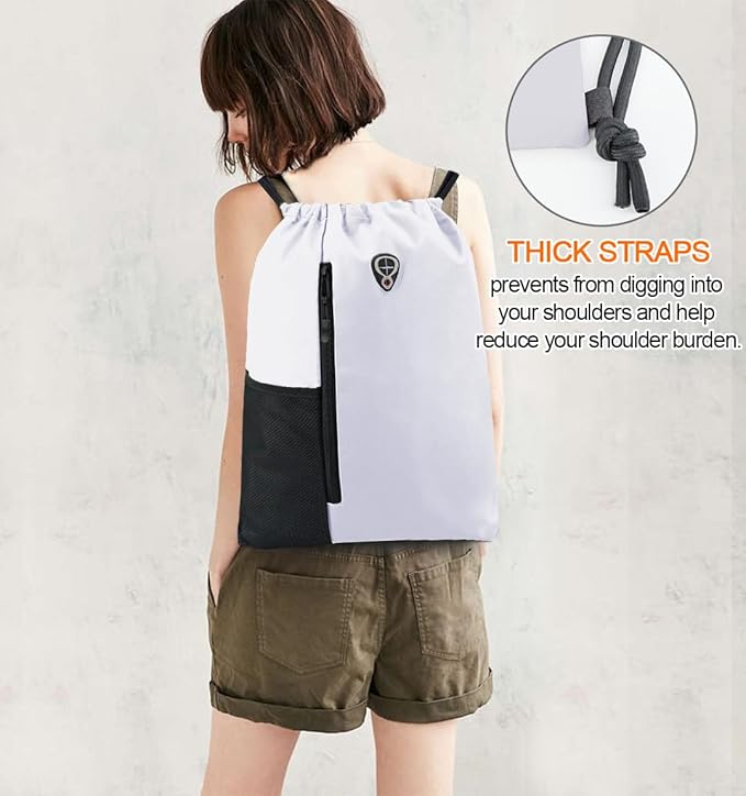 BeeGreen White Drawstring Backpack Gym Bag For Men & Women – Sports Sackpack with Mesh Water Bottle Holder & 2 Zippered Pockets – Large 16x20 Inch Cinch String Backpack Workout Bag for Running, Travel