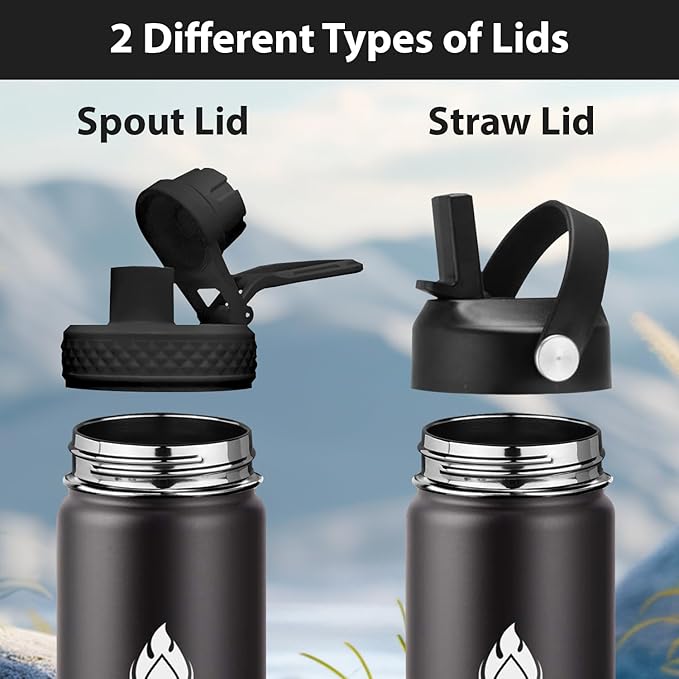 SENDESTAR Insulated Water Bottle 24 OZ, Wide Mouth 24 oz Water Bottle with Straw Lid, Spout Lid, Double Wall Vacuum Stainless Steel Leak Proof, Keeps Liquids Hot or Cold (Black)