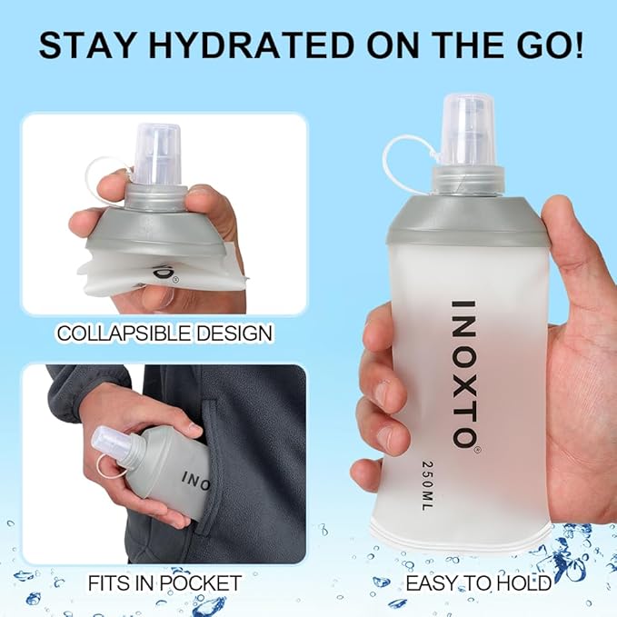 INOXTO Soft Flask,Collapsible Soft Water Bottles for Hydration Vests and Running Packs, Soft Flask Running Bottles for Hiking Cycling(250/500 ml) (2 PCS SMALL)