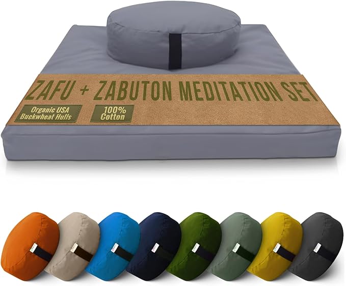 Bean Products Meditation Cushion Mat Set - Zafu Floor Pillow Organic Buckwheat Pillow + Cotton Filled Zabuton Prayer Pad - Meditation Pillow Yoga Knee Pad - Made in USA - 14" Round or 18" Oval