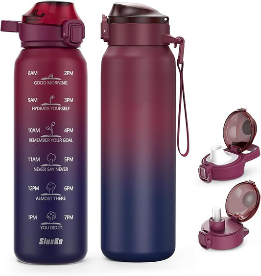 Insulated Water Bottle 32oz with 2Lids(Straw Lid & Spout Lid), 1L Double Walled Water Bottle with Time Marker, 1000ml Stainless Steel Metal Flask for Fitness, Gym and Outdoor RED BLACK
