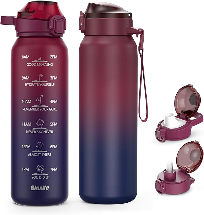 Insulated Water Bottle 24oz, Double Wall Vacuum 18/10 Stainless Steel Bottle with 2Lids, Leak Proof & BPA-Free, 700ml Hydro Water Flask with Handle & Straw Spout Lids RED BLACK