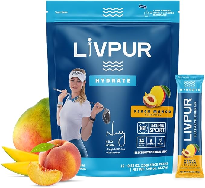 LivPur Electrolyte Drink Mix, Instant Hydration Powder with Vitamin C, B6, B12 & Essential Amino Acids for Muscle Support & Immune Health, Sports Essentials, Peach Mango Flavor, 15 Stick Packs