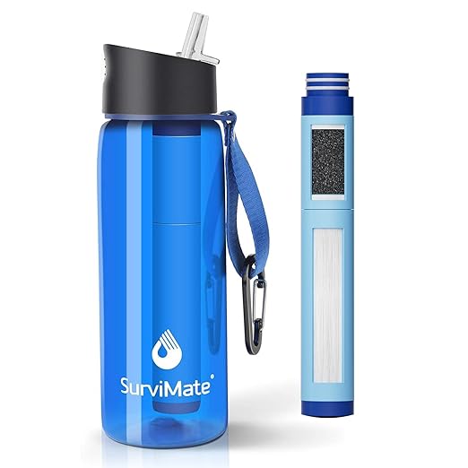 Survimate 5-Stage 0.01μm Ultra-Filtration Filtered Water Bottle, BPA-Free Material, NSF/ANSI 42&372 Certified, Portable Water Filter Bottle for Survival, Camping, Hiking, and Emergency Use