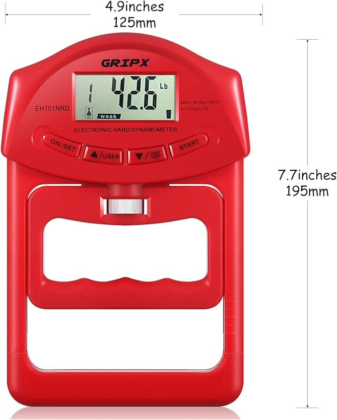 GRIPX Digital Hand Dynamometer Grip Strength Measurement Meter Auto Capturing Electronic Hand Grip Power 198Lbs / 90Kgs