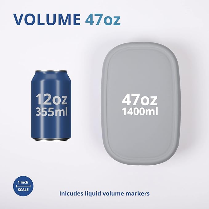 BLUE GINKGO Nesting Silicone Containers - Large Silicone Food Storage Container | BPA Free, Airtight, Dishwasher and Freezer Safe (47.5 oz) - Grey