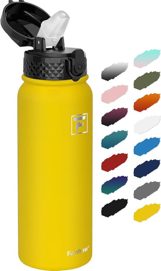 Fanhaw 20 Oz Stainless Steel Insulated Sports Water Bottles with Straw for Kids, Men and Women (Yellow)