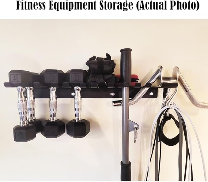 2-Tier Black Barbell Wall Rack + Dual-Mounted Vertical Olympic Barbell Wall Rack .（3 Hooks）. dumbbell rack.Concrete/Wood Screws.(not for 16-inch center walls)