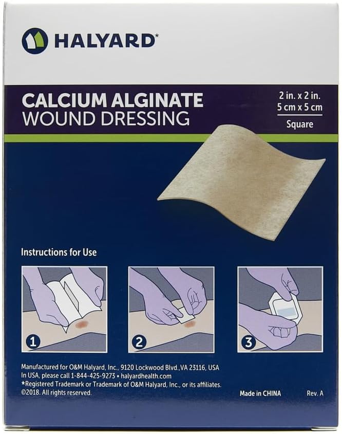 HALYARD Calcium Alginate Wound Dressing, Gentle Adhesive with Highly Absorbent Conformable Design, Maintains Structural Integrity 2 Inch x 2 Inch (Box of 10)