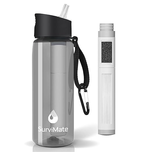 Survimate 5-Stage 0.01μm Ultra-Filtration Filtered Water Bottle, BPA-Free Material, NSF/ANSI 42&372 Certified, Portable Water Filter Bottle for Survival, Camping, Hiking, and Emergency Use