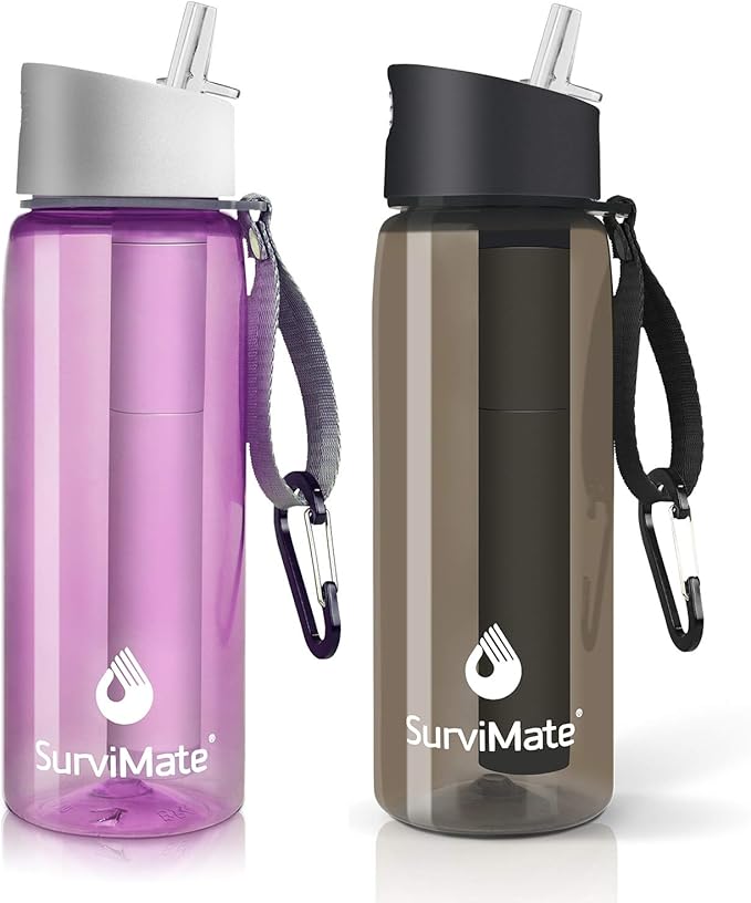 SurviMate Purified Water Bottle for Camping, Hiking, Backpacking and Travel, BPA Free with 5-Stage Intergrated Filter Straw