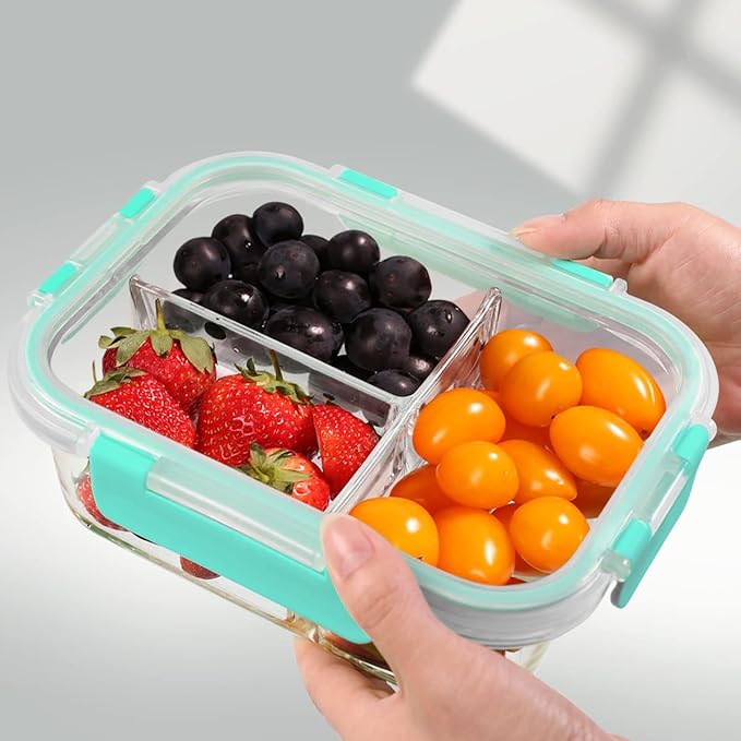 DAS TRUST 3 Pack Bento Box Glass Meal Prep Containers with Lids - 3 Compartment Glass Food Storage Containers for Microwave Oven