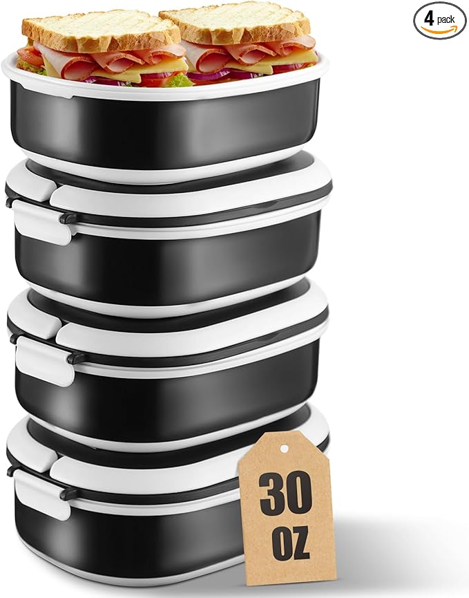 4 Pack Airtight Food Storage Containers，Reusable Kitchen Sandwich Containers with Lids Set for Meal Prep, Lunch,Salad，Snack, Microwave Safe, BPA-Free and Leak-Proof，30oz. Each
