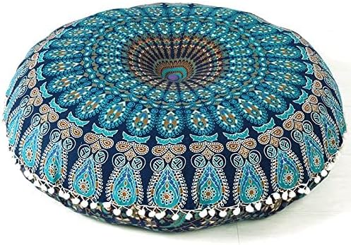 Eyes of India - Mandala Floor Pillow Cover Meditation Cushion Seating Throw Hippie Round Colorful Decorative Bohemian Indian Pouf Ottoman Handmade Cover ONLY (A1 Dark Blue-1, 32" x 32")