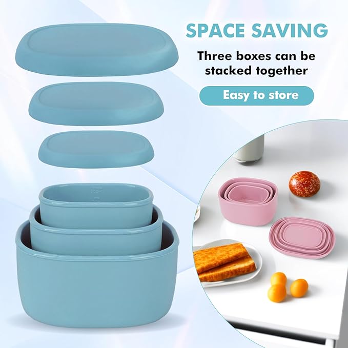 Anatole Silicone Food Storage Lunch Bento Box Set of 3 Reusable Nesting Containers with Lids BPA Free Dishwasher Microwave Oven Freezer Safe Leakproof (6.7oz, 10oz, 20oz)