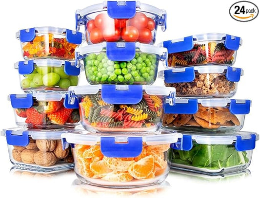 SereneLife 24 Piece Glass Storage Containers with Lids, 12 Pack Glass Meal Prep Container Set for Lunch, Kitchen Storage, Food Storage, Leak Proof, Freezer Safe and Dishwasher Safe, Blue