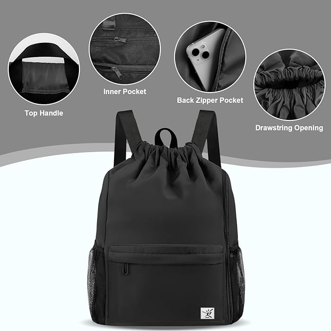 Drawstring Backpack with Mesh Pockets String Gym Bag Sackpack Sandproof Water Resistant Beach Backpack for Men Women