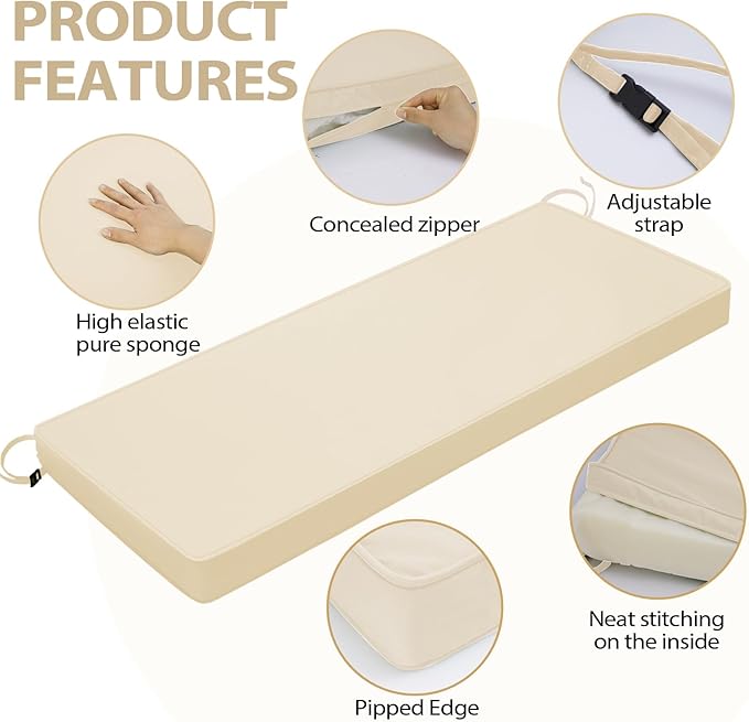 Outdoor Bench Cushion 48 x 16 x 3 Inch with Ties, Thick Waterproof Porch Swing Cushions for Patio Furniture Chair Pad, Seat Sofa Garden Replacement Cushion Sponge Filling