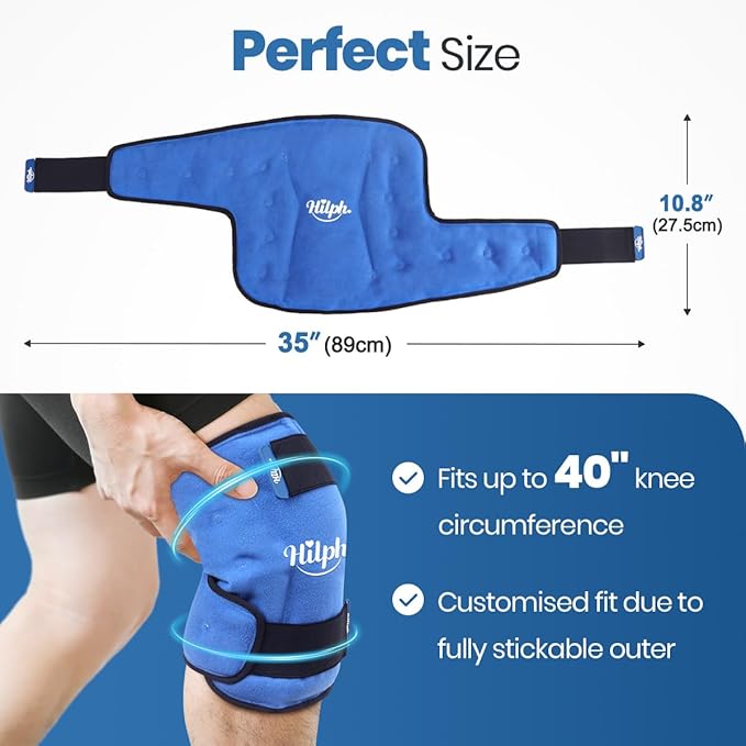 Hilph Knee Ice Pack for Replacement Surgery - Bendable & Adjustable Hot Cold Therapy Gel Ice Pack Wrap Around Entire Knee for Injuries, Swelling, Meniscus Tear, ACL, Easy to Wear, Blue