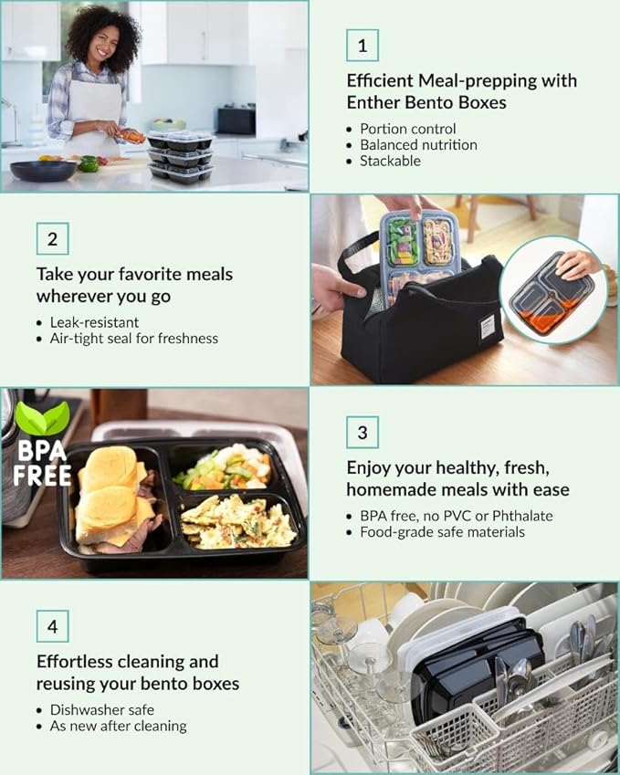 Enther Meal Prep Containers [12 Pack] 3 Compartment with Lids, Food Storage Bento Box | BPA Free | Stackable | Reusable Lunch Boxes, Microwave/Dishwasher/Freezer Safe,Portion Control (36 oz)