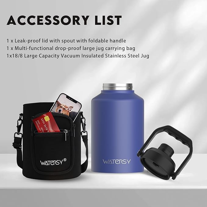 1 Gallon Water Bottle Insulated(Cold for 48 Hrs),BPA Free&Leak Proof,128oz Stainless Steel Water Jug,Big thermo,Large Water Bottle with Handle for Gym,Hiking,Camping&Travel,Deep Blue
