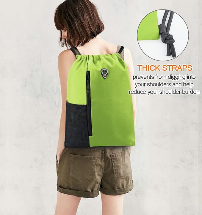 BeeGreen Lime Drawstring Backpack Gym Bag For Men & Women – Sports Sackpack with Mesh Water Bottle Holder & 2 Zippered Pockets – Large 16x20 Inch Cinch String Backpack Workout Bag for Running, Travel