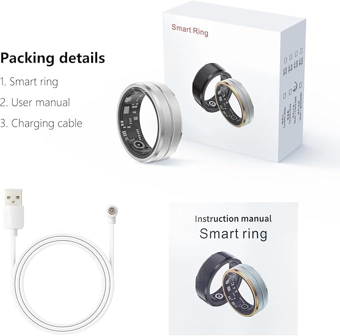 Fitness Tracker Smart Ring,Step Counter,Heart Rate Blood Oxygen Sleep Tracker Health Ring, 6ATM Waterproof Long Battery Life Smart Rings Compatible with iOS & Android （Silver US12）