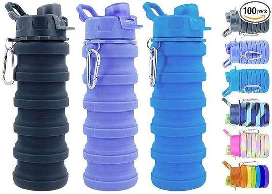 Collapsible Water Bottles 3 Pack Silicone Water Bottle with Carabiner BPA Free Expandable Water Bottle 500ml Portable Sport Water Bottle for Travel Camping. (Black+Purple+Blue)