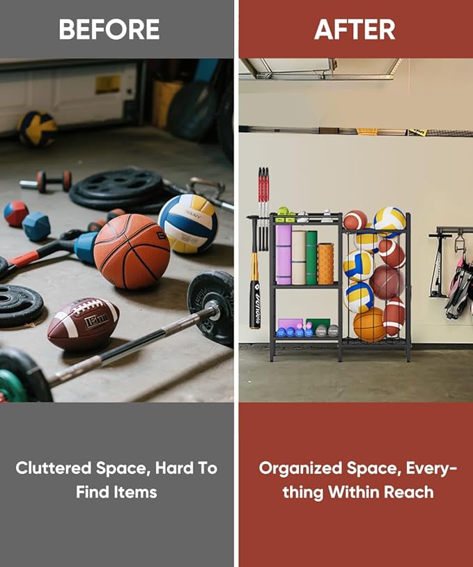 3 Tiers Dumbbells Yoga Mat Storage Rack with Elastic Straps for Kettlebells Foam Roller Resistance Bands Balls, Workout Equipment Organizer Weight Storage Holder with Hooks for Home Gym