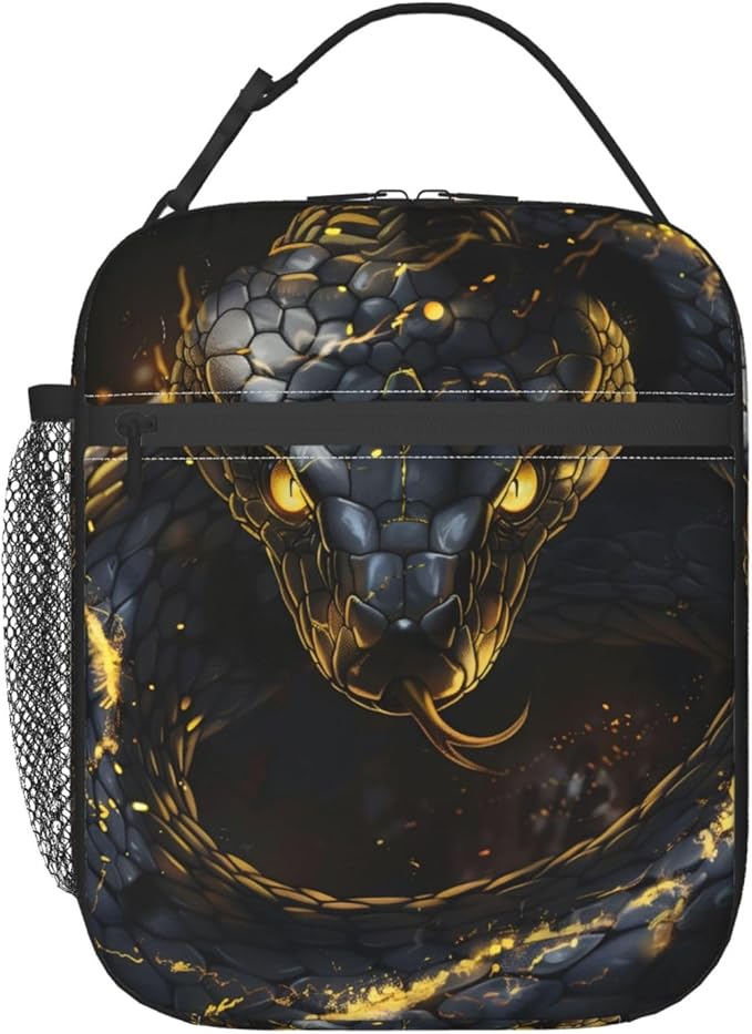Fierce Snake Lunch Box for Women Adults Kids, Insulated Cooler Polyester Glowing Gold Accents Lunch Bag for Picnic, School, Office, Travel, Work, Portable Reusable Tote Thermal Lunch Bags