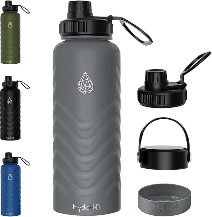 24oz Stainless Steel Insulated Water Bottle, 48H Ice Cold & 24H Hot, Leak-Proof Wide Mouth Lids (Straw & Spout), BPA-Free Bottles, Mens Water Bottle for Gym, Hiking, Travel - Grey
