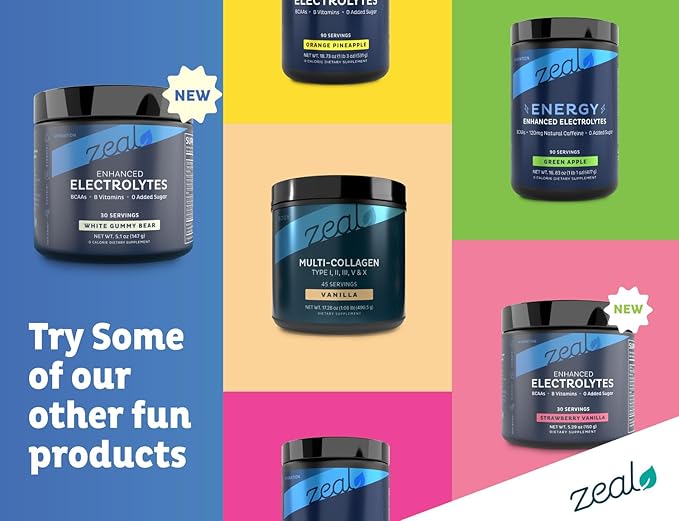 Zeal Electrolyte Powder Recovery Drink (30 Servings | White Gummy Bear) w 0 Sugar +BCAAs +B-Vitamins Electrolyte Supplement w Potassium Zinc & Magnesium for Hydration - Keto Electrolytes