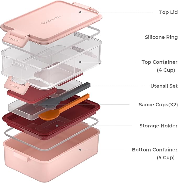 linoroso Stackable Bento Box Adult Lunch Box | Meet All You On-the-Go Needs for Food, Salad and Snack Box, Premium Bento Lunch Box for Adults Include Utensil Set, Dressing Containers - Frozen Berry