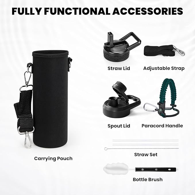 Insulated Water Bottle 24oz, Triple Wall Vacuum Stainless Steel (Cold for 48 Hrs, Hot for 24Hrs), Leak Proof & Non-BPA, 24oz Hydro Water Flask with Paracord Handle & Straw Spout Lids